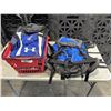 Image 1 : BASKET OF ASSORTED BAGS AND BASEBALL GEAR - BLUE JAYS BAG, HIKING PACK, ETC