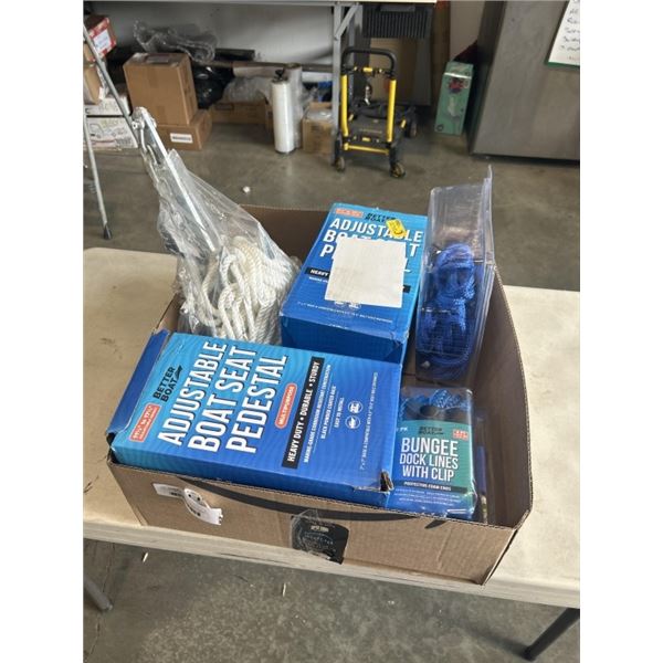 TRAY OF BETTER BOAT ITEMS INCLUDING 2 ADJUSTABLE BOAT SEAT PEDESTALS, BUNGEE DOCK LINES WITH CLIP