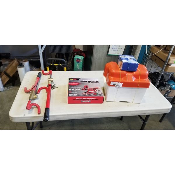 2 BATTERY CHARGERS, BATTERY BOX, AND WHEEL LOCKS