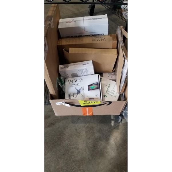 TRAY OF AMAZON OVER STOCK INCLUDING VIVO QUICK RELEASE TV WALL MOUNT, ZENO WOODEN CLOTHES PINS, MERC
