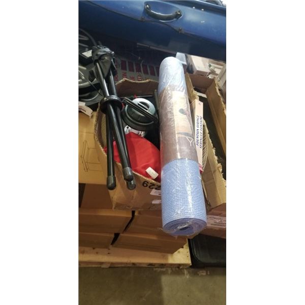 BOX OF CAMPING ITEMS AND YOGA MAT
