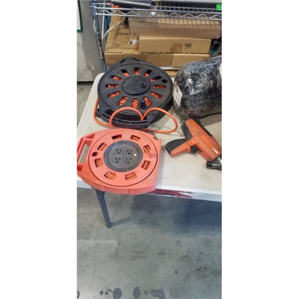 2 EXTENSION CORD REELS AND RAMSET GUN