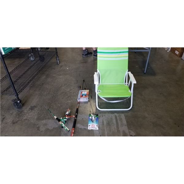FOLDING CAMPING CHAIR AND 2 NEW FISHING RODS