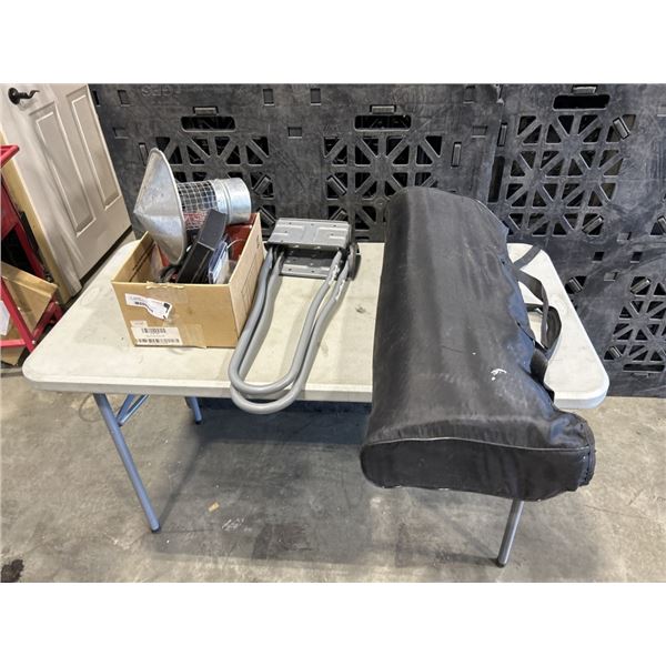 COLEMAN CAMPING MAT, 2 SPORT RACK KAYAK ATTACHMENTS AND TRAY WITH POWERBAR, AN ELECTRIC TRAVEL TRAIL