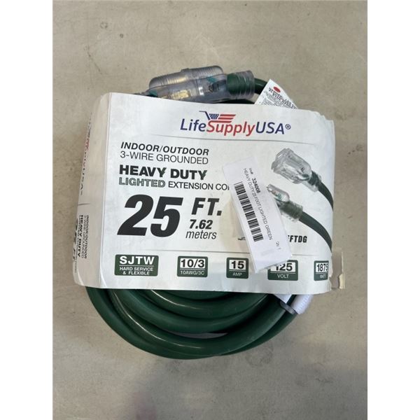 HEAVY DUTY 25 FOOT LIGHTED GREEN EXTENSION CORD. 10AWG/3C