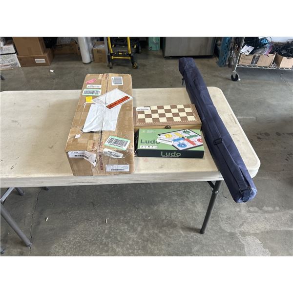 YELLOW MOUNTAIN AMERICAN MAHJONG SET IN SOFT CASE AND MAHJONG PLAY MAT AND BACKGAMMON BOARD AND LUDO