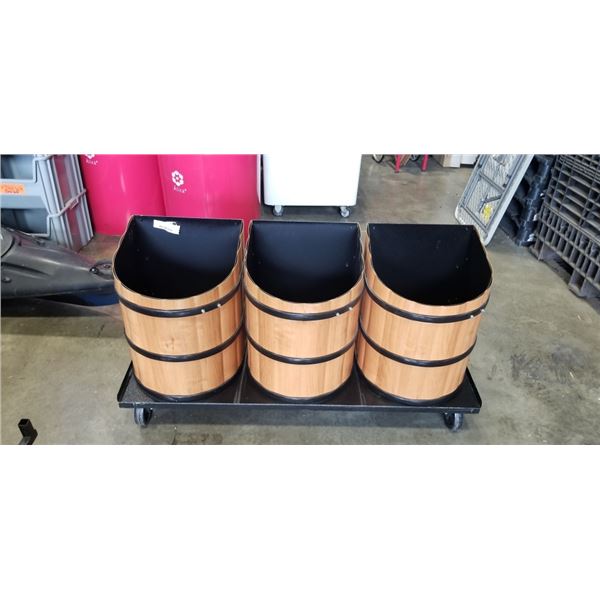 3 METAL PLANTER BINS ON FOUR WHEEL METAL DOLLY