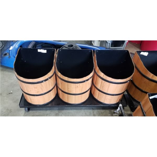 3 METAL PLANTER BINS ON FOUR WHEEL METAL DOLLY