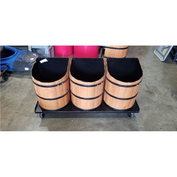 3 METAL PLANTER BINS ON FOUR WHEEL METAL DOLLY