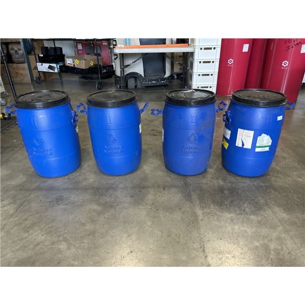4 BLUE 24 INCH PLASTIC BARRELS WITH LIDS
