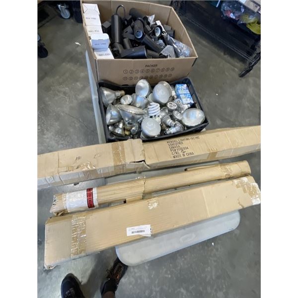 BOX OF TRACK LIGHTING AND BOX OF 8 FOOT TRACK. MOSTLY NEW