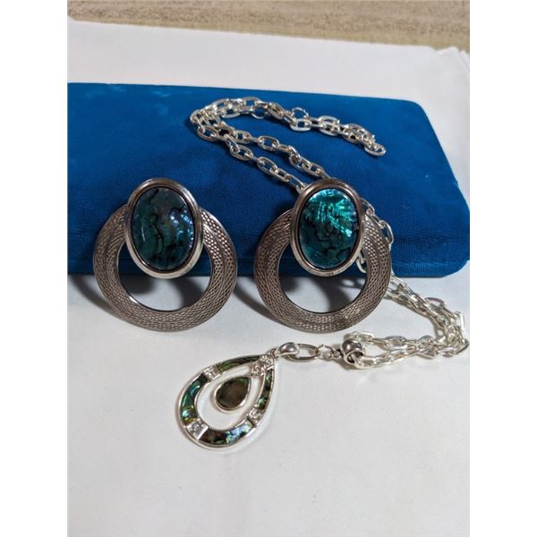 ABALONE INLAID PENDANT W/ CHAIN NECKLACE AND LARGE PAIR OF CLIP ON EARRINGS