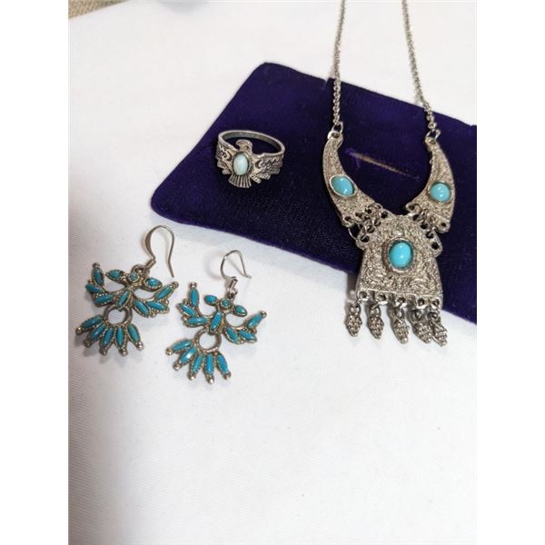 VINTAGE NATIVE AMERICAN RING, PAIR OF EARRINGS AND NECKLACE