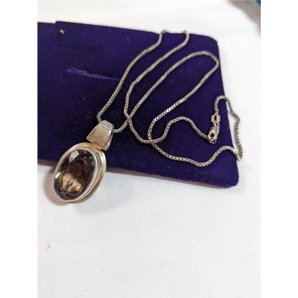 925 STERLING SILVER CHAIN W/ GENUINE SMOKEY TOPAZ STONE PENDANT NECKLACE