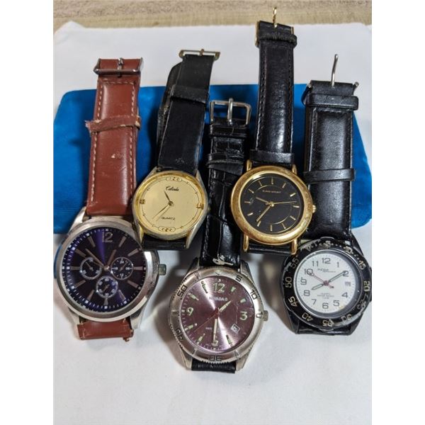 5 QUARTZ WATCHES, ORIGINAL LEATHER BRACELETS, BATTERIES REQUIRED