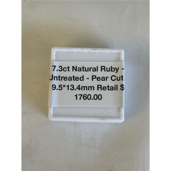 7.3CT NATURAL RUBY, UNTREATED, PEAR CUT, RETAIL $1760