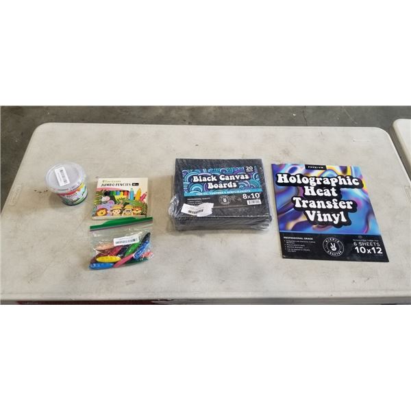20 PACK BLACK CANVAS BOARDS AND HOLOGRAPHIC HEAT TRANSFER VINYL AND TINY GEEKS PENCILS AND CRAYONS
