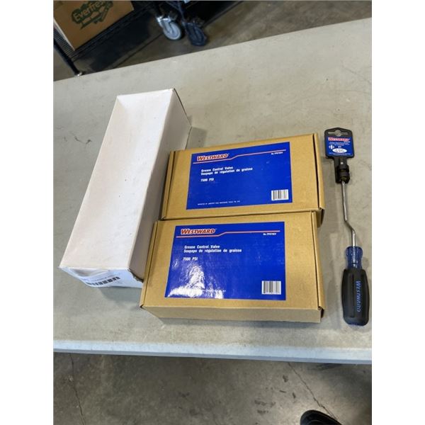 NEW CASE OF WESTWARD #1 PHILLIPS 6 INCH SHANK SPEED SCREWDRIVERS AND 2 NEW GREASE CONTROL VALVES