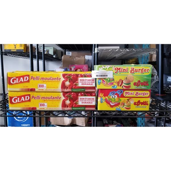 2 BOXES OF MINI BURGER GUMMIES AND 2 ROLLS OF GLAD  CLING WRAP