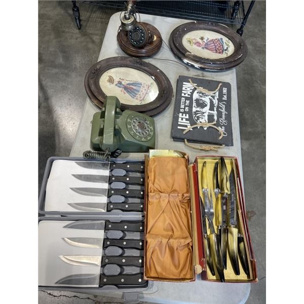 ANTIQUE PICTURES, 2 VINTAGE PHONES, ONE IS ROTARY, VINTAGE CARVING SET AND STEAK KNIFE SET