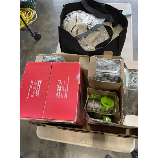 TRAY OF HOUSEHOLD ITEMS, HUMIDIFIER, AND BAG OF NEW CANADA JESTER MASKS