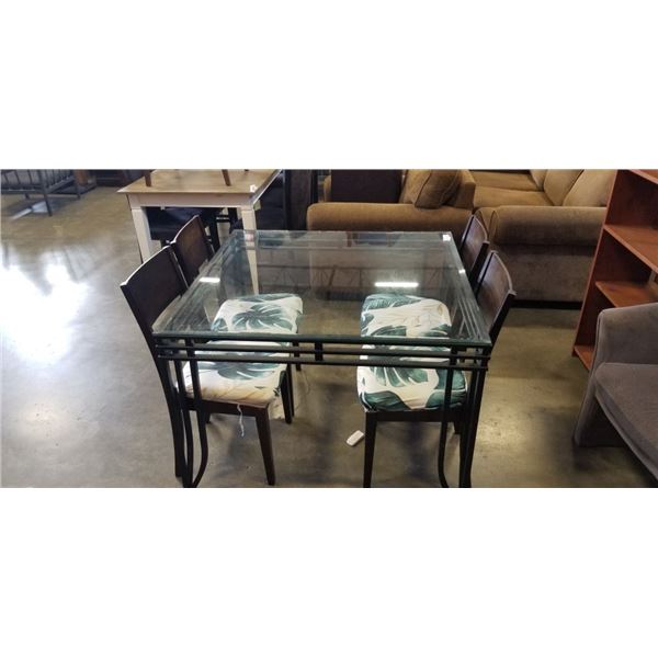 GLASS TOP DINETTE TABLE AND 4 SOLID WOOD CHAIRS
