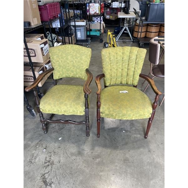 PAIR OF VINTAGE WOODEN ARMCHAIRS WITH GREEN FLORAL UPHOLSTERY