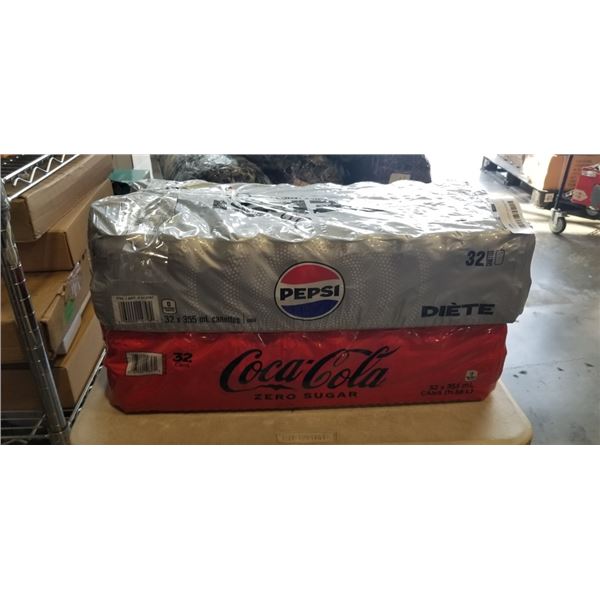32 PACK COCA COLA ZERO SUGAR AND 32 PACK PEPSI ZERO SUGAR. A FEW CANS MAY BE MISSING