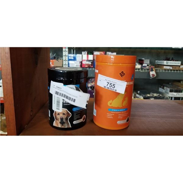 OKKOBI PROBIOTICS CHICKEN FLAVOR CHEWS FOR DOGS AND ZENO CHICKEN FLAVOR HEMP CALMING CHEWS FOR DOGS.
