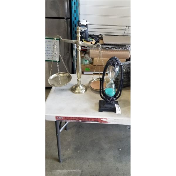 LARGE WORKING HOURGLASS TIMER AND SCALE OF JUSTICE