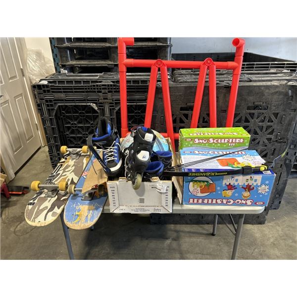 LARGE LOT OF KIDS SPORTS EQUIPTMENT - SKATEBOARDS, INLINE SKATES, AND SNOW SCULPTING KITS