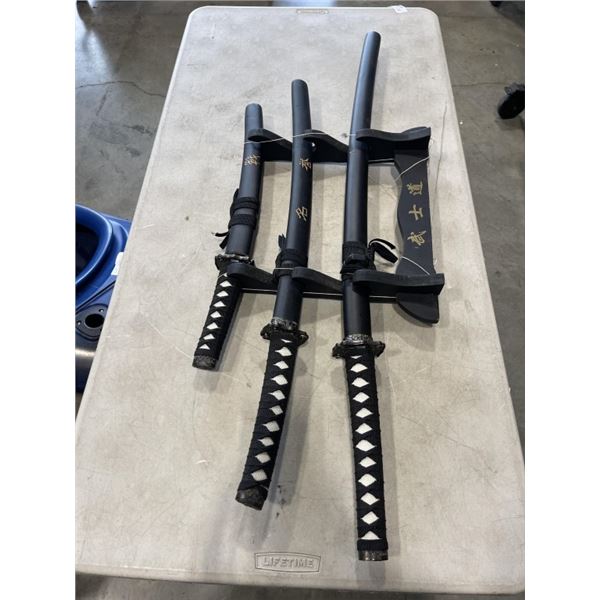 3 DECORATIVE SWORDS WITH STAND