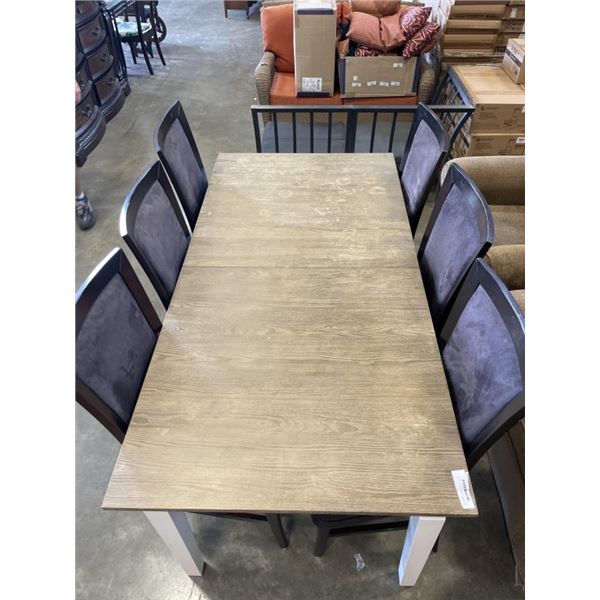 RUSTIC STYLE EXTENDABLE DINING TABLE WITH WOOD GRAIN TOP AND 6 UPHOLSTERED DINING CHAIR