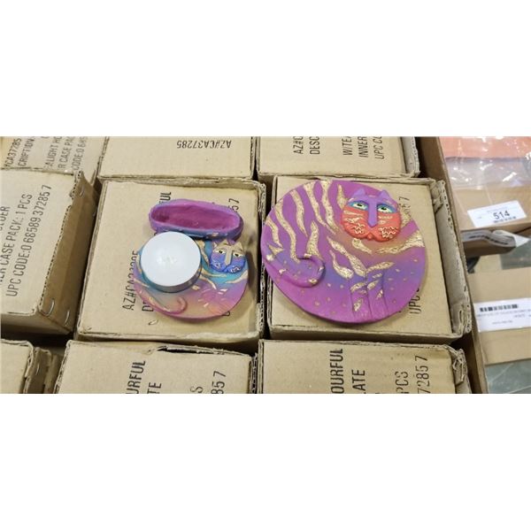 2 TRAYS OF COLOURFUL CAT PLATE TEAIGHT HOLDERS