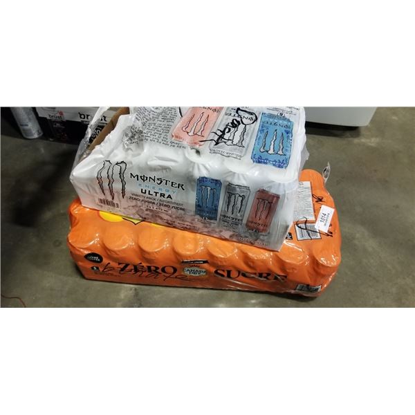 32 PACK MONSTER ENERGY DRINK ZERO AND 32 PACK CANADA DRY PEACH MANGO ZERO SUGAR. A FEW CANS MAY BE M
