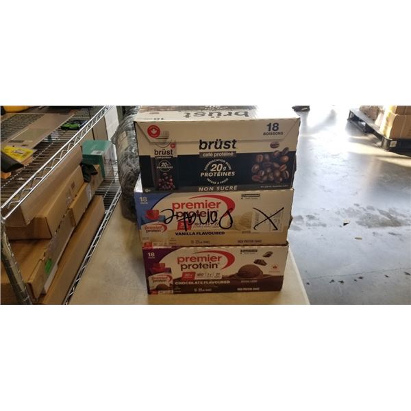 2 CASES PREMIER PROTEIN 18 PACKS. EXP MAY/JUNE 2027 AND BRUST PROTEIN COFFEE EXP OCT 2027. SOME CANS