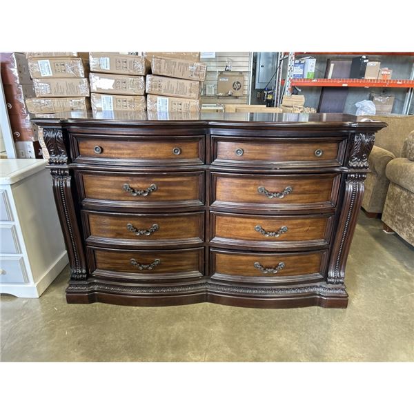 MAHOGANY FINISH CARVED 8 DRAWER DRESSER