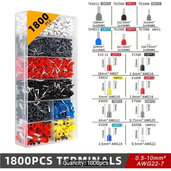 NEW 1800PC WIRE FERRULE TERMINALS KIT 22AWG-7AWG