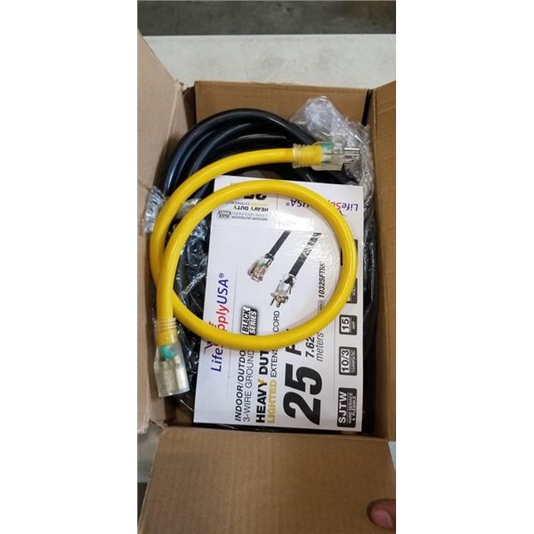 HEAVY DUTY 25 FOOT LIGHTED BLACK EXTENSION CORD. 10AWG/3C, AND APPROX 2 FOOT YELLOW EXTENSION CORD. 