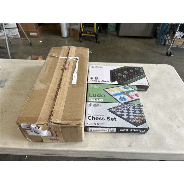 YELLOW MOUNTAIN AMERICAN MAHJONG SET IN SOFT CASE AND CHINESE CHESS AND MAGNETIC TRAVEL CHESS SET AN