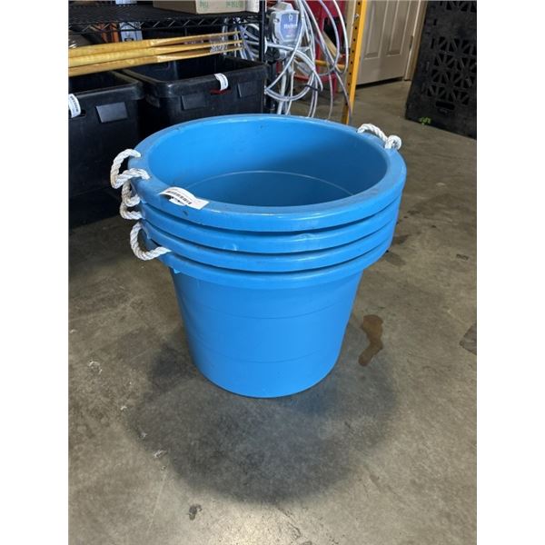 4 LARGE BLUE FEED / WATER TUBS