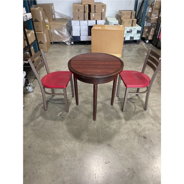 WOOD DROP TABLE WITH 2 RED CHAIRS