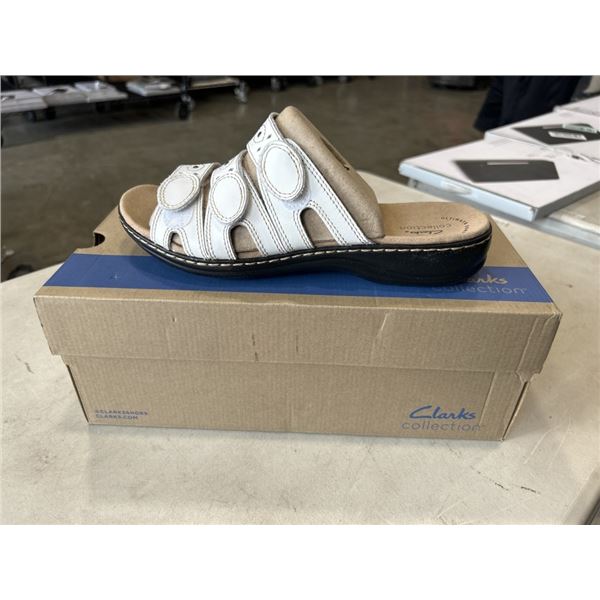 CLARKS COLLECTION LEISA CACTI SLIDE SANDLE, WHITE LEATHER LADIES SANDLE. SIZE 9.5 US