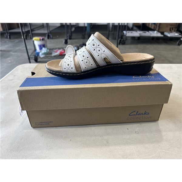 CLARKS COLLECTION LEISA CACTI Q WHITE LEATHER WOMANS SLIDE SANDLE. SIZE 7.5 US