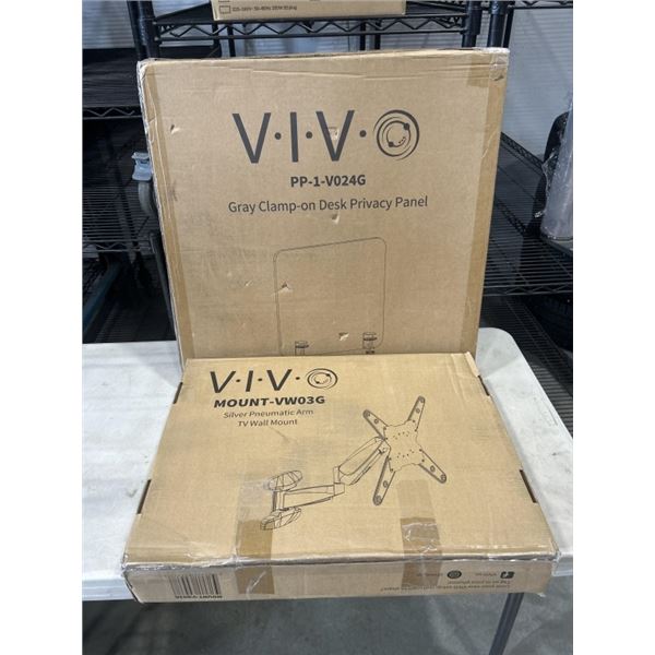 VIVO GRAY CLAMP-ON DESK PRIVACY PANEL AND VIVO SILVER PNEUMATIC ARM TV WALL MOUNT