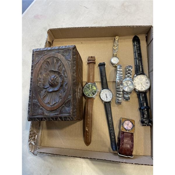 CARVED WOODEN BOX, ASSORTED COLLECTOR COINS AND WATCHES