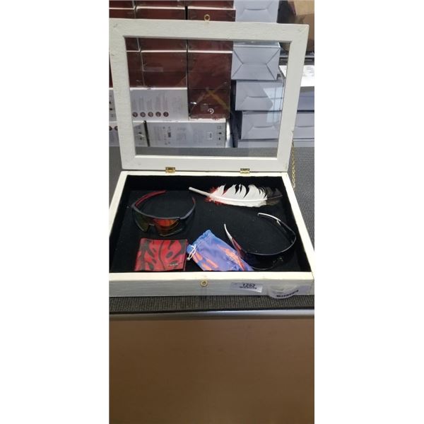 GLASS SHADOWBOX SHOWCASE WITH SUNGLASSES AND WALLET ETC