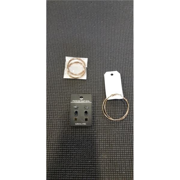 2 PAIRS OF GOLD TONE HOOP EARRINGS AND PACK OF STUD EARRINGS