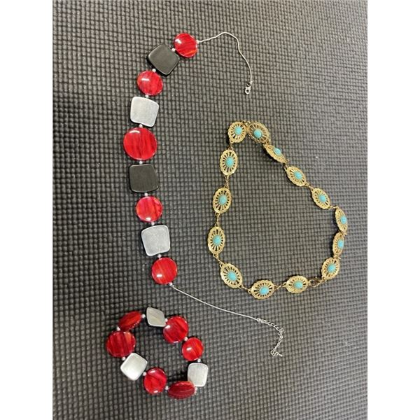 NECKLACE W/ MATCHING BRACELET AND GOLD TONE W/ TURQUOISE STONES BELT