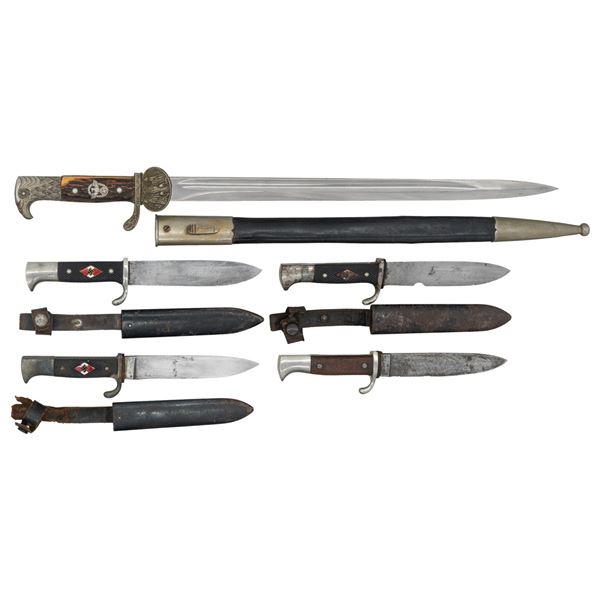 4 WWII GERMAN HJ KNIVES & 1 POLICE DRESS BAYONET.